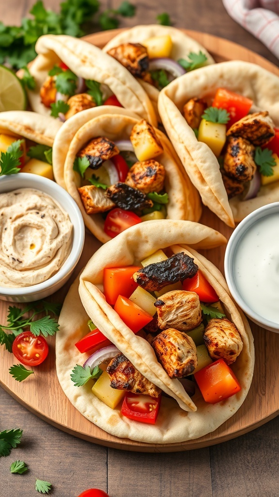 Creative Ways to Use Pita Bread Pita bread stuffed with vegetables and chicken, served with hummus and tzatziki on a wooden platter.